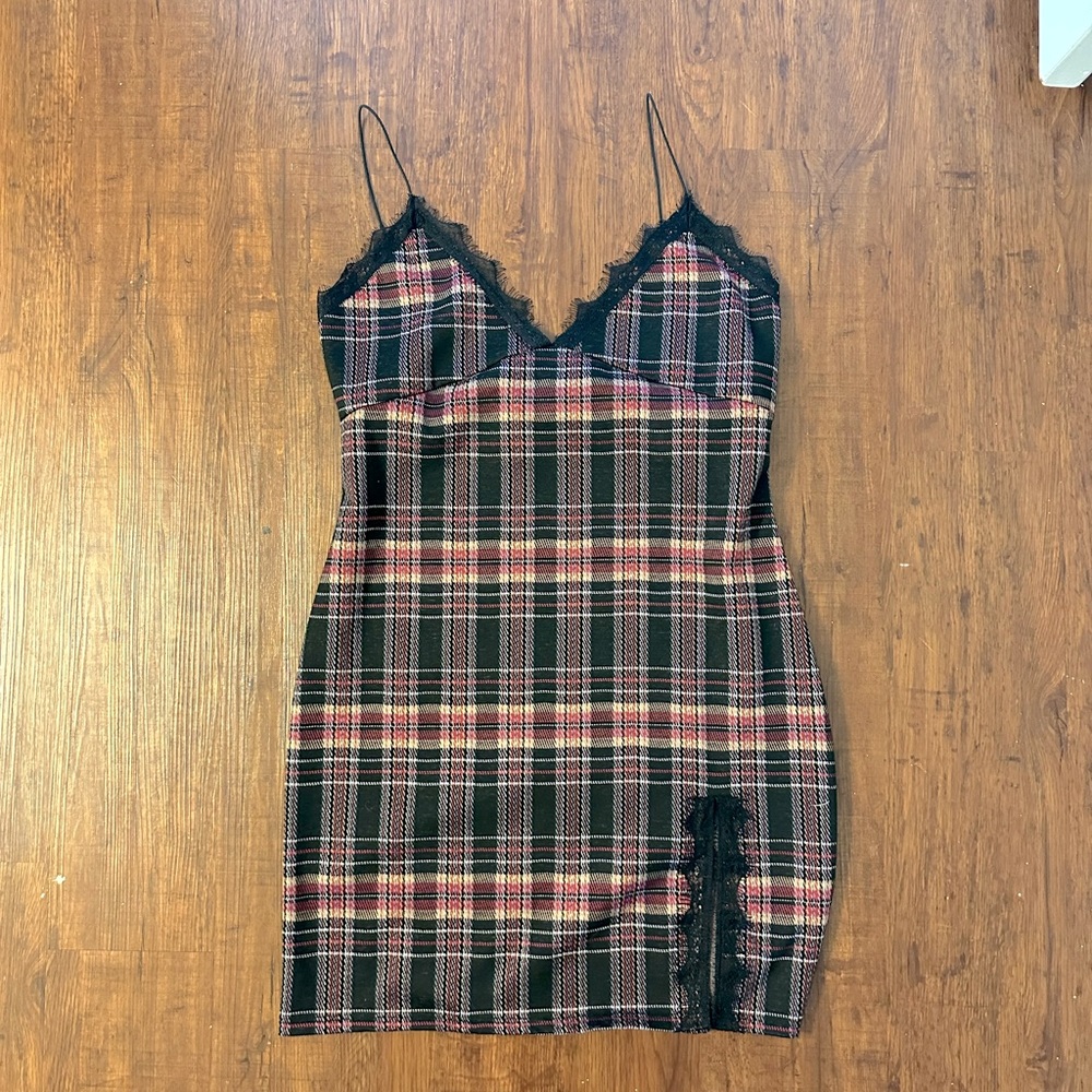 Black Plaid Lace Slip Mini Dress